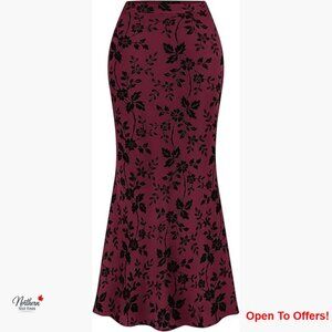 Floral Mesh Maxi Skirt High Waisted Mermaid Boho Elegant with Lettuce Trim